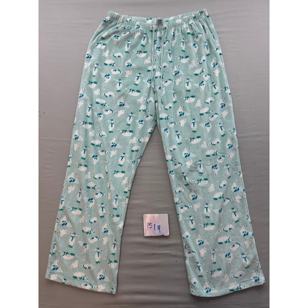 Womens Polar Bear Penguin Fleece Pajama Pants Mint Green Holiday Sleepwear L